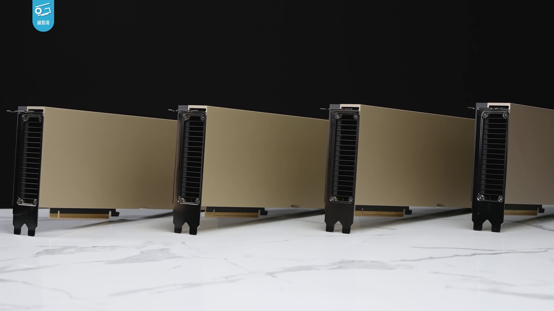 Four Nvidia H100 data-centre GPU cards, a still from a Geekerwan video